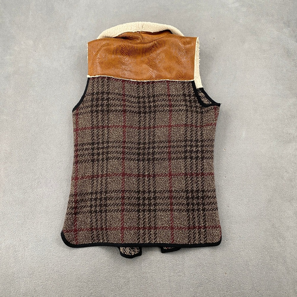 Kate Collection Womens Plaid Faux Shearling Trim Snakeskin Yoke Vest Brown L - Picture 4 of 6